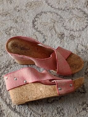 Lucky Brand Coral Pink Cork Wedge Sandals